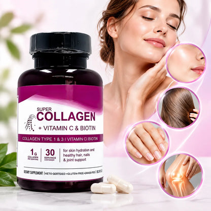 Collagen Capsules for Skin Hydration, Strong Hair & Nails Joint Support, Type 1 &3 Collagen with Vitamin C & Biotin, 60 Capsules