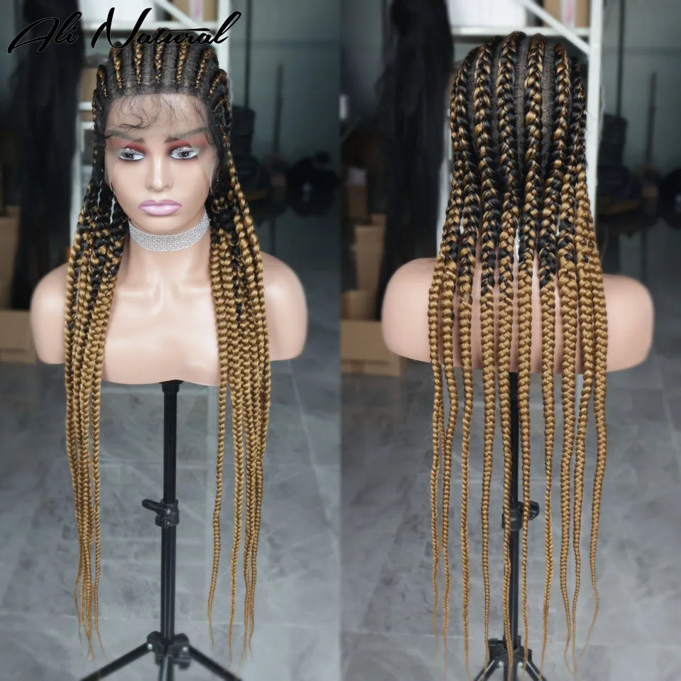 Ombre Silber Grey Full Lace 11 Braids Braided Wig With Baby Hair Box Braiding Wig African Long Synthetic Hair Knotless Wig