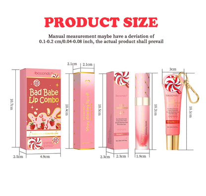 Strawberry Scent Lip Gloss Duo Combo with Keychain Long Lasting Nourish Plumper Lip Cosmetics Christmas Gift