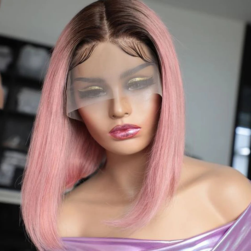 Ombre Pink Bob Wig Straight Lace Front Human Hair Wigs For Women Short  Bob Transparent Lace Wig Bleached Knots Pre Plucked