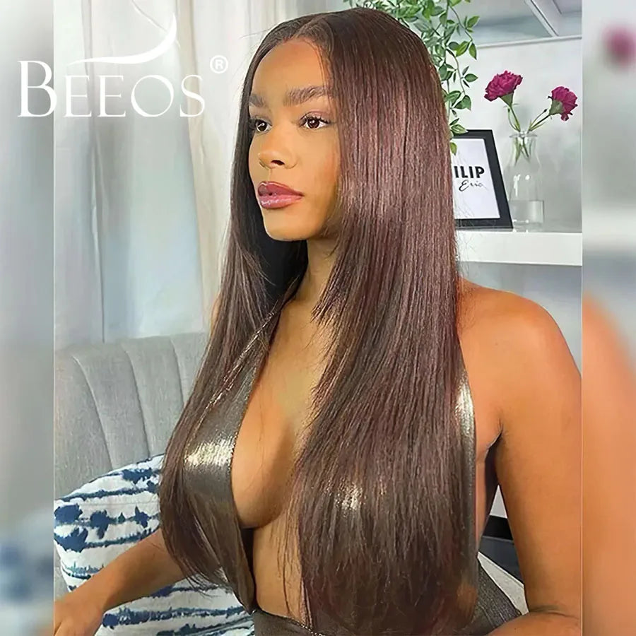 Layered Cut Bone Straight Chocolate Brown 13X6 HD Lace Full Frontal Wigs Human Hair Pre Plucked Colored Brazilian Hair For Women