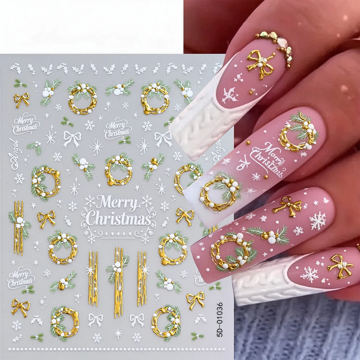 1pcs Gold-foiled Christmas Tree 5D Nail Stickers Bow Holly Snowflake Wreath Christmas Nail Decals Cartoon Merry Christmas Decora