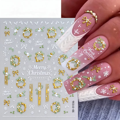 1pcs Gold-foiled Christmas Tree 5D Nail Stickers Bow Holly Snowflake Wreath Christmas Nail Decals Cartoon Merry Christmas Decora