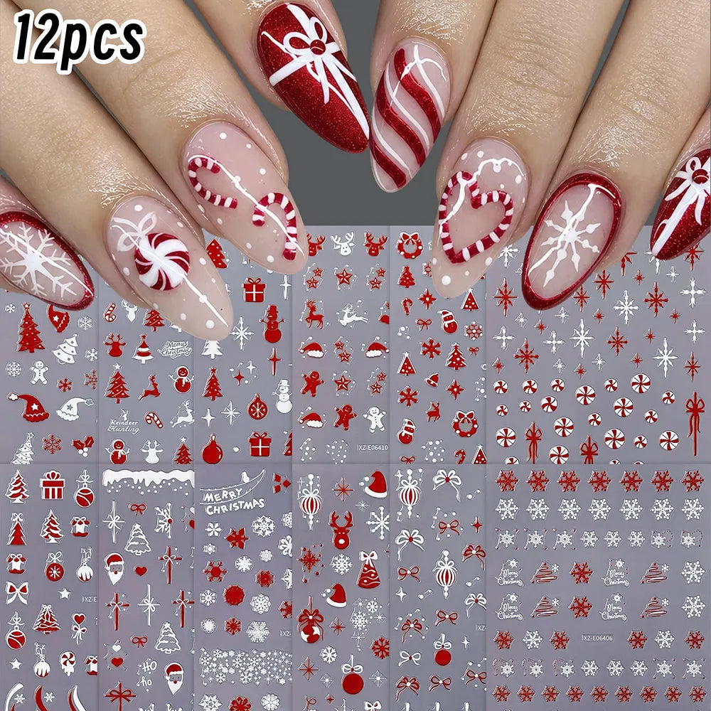 12pcs Gold White Snowflakes Snowman Santa Claus Christmas Nail Stickers Xmas Tree Elk Bow Nail Decals Winter Xmas Nail Supplies