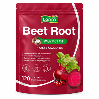 Lenm Beet Root Softgels Natural Antioxidant Supplement for Blood Circulation Vitality & Endurance Support with MCT Oil 120 Count