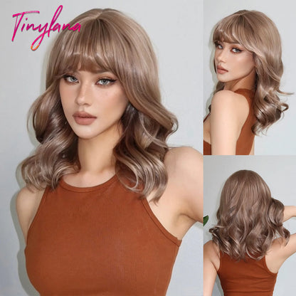 Curly Short Bob Brown Wavy Synthetic Wigs with Bangs Lolita Cosplay Brown Wig for Women Natural Daily Party Hair Heat Resistant