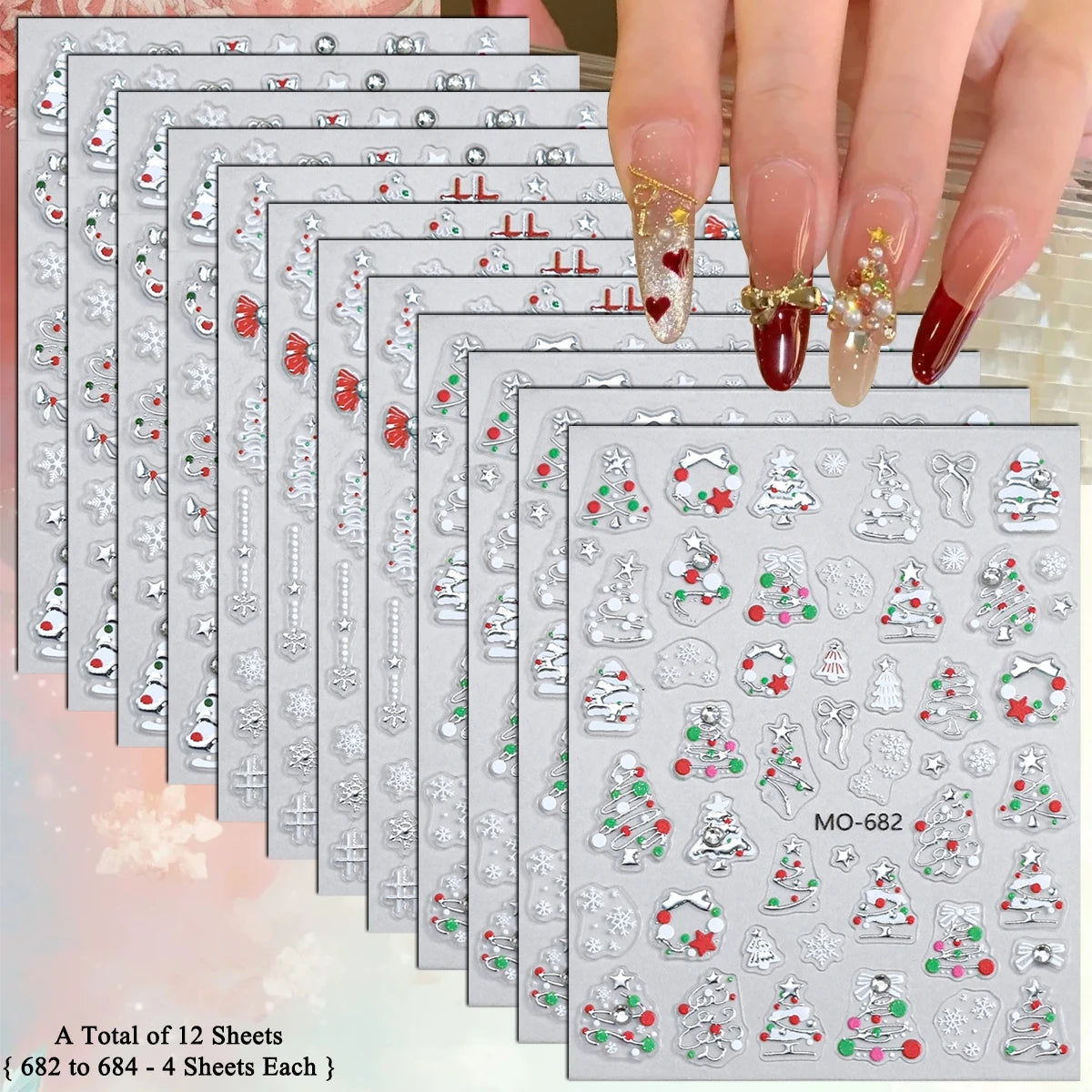 2 to 12 Sheets 5D Gold Silver Christmas Nail Decals Crystal Rhinestone Snowflake Xmas Tree Self Adhesive Nail Art Stickers
