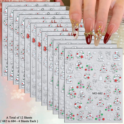 2 to 12 Sheets 5D Gold Silver Christmas Nail Decals Crystal Rhinestone Snowflake Xmas Tree Self Adhesive Nail Art Stickers