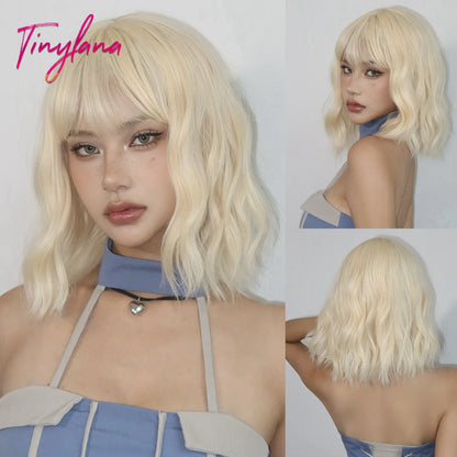Curly Short Bob Brown Wavy Synthetic Wigs with Bangs Lolita Cosplay Brown Wig for Women Natural Daily Party Hair Heat Resistant