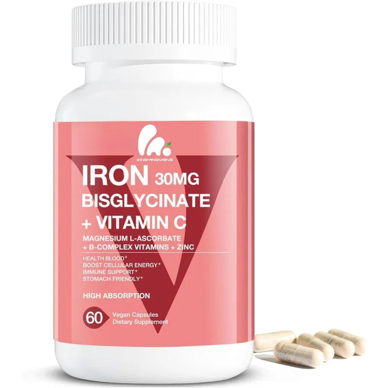 bisglycinate iron supplement -30mg containing vitamin C, B12, folic acid - high absorption, gluten free, non GMO -60 capsules