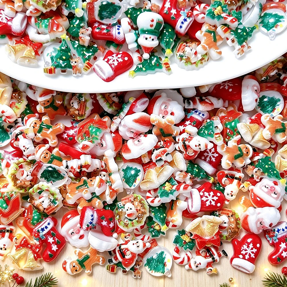 50pcs Mixed Kawaii Resin Christmas Nail Charms Xmas Santa Tree Sock Elk Bell Candy Cane Nail Ornament Flatback Nail Accessories