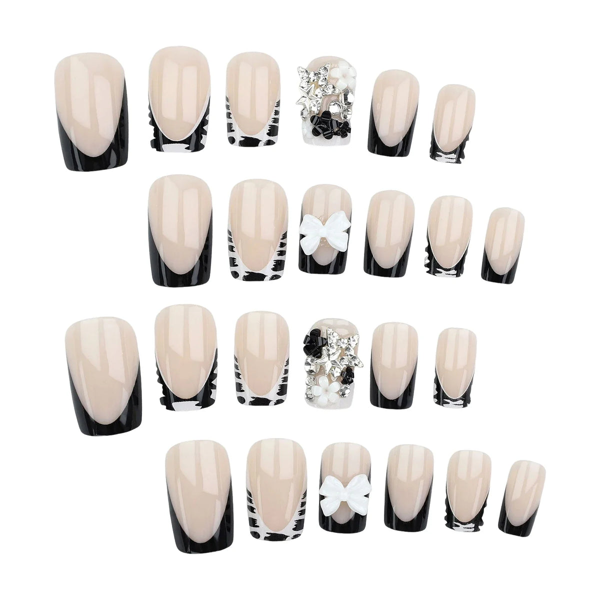 Y2K 24Pcs Set French Style Black & White Tie Dye Polka Dot Press-On Nails, Reusable, With Bowknot, Star Rhinestones, Cute & Chic, Suitable For Dates, Spring, New Year, Christmas, Daily, Birthday, Festival, Spring/Summer New A