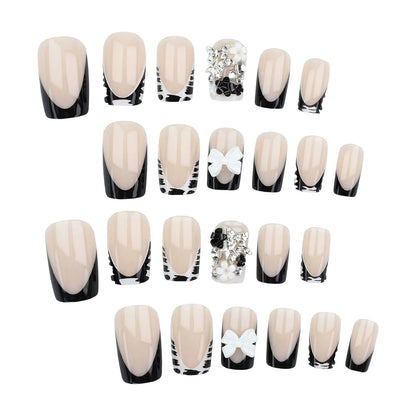 Y2K 24Pcs Set French Style Black & White Tie Dye Polka Dot Press-On Nails, Reusable, With Bowknot, Star Rhinestones, Cute & Chic, Suitable For Dates, Spring, New Year, Christmas, Daily, Birthday, Festival, Spring/Summer New A