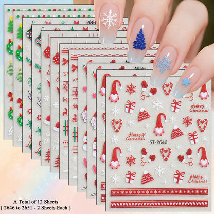 3 to 12 Sheets 3D Christmas Santa Snowman Reindeer Tree Snowflake Lights Gnome Self-Adhesive Nail Art Stickers