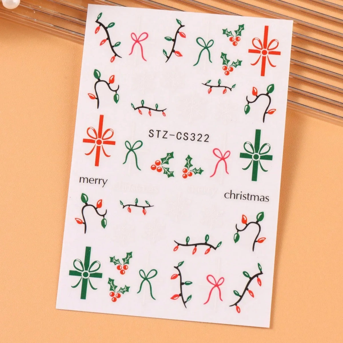 2PCS 3D Red Green Christmas Nail Stickers Holiday Snowflake Bow Berry Decals Winter Holiday Party Nail Art Supplies