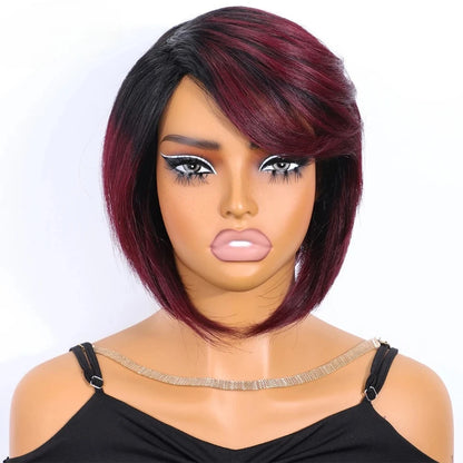 Rebecca Brazilian Short Straight Bob Human Hair Wigs With Bangs Full Machine Made Side Part Bob Human Hair Wigs For Black Women