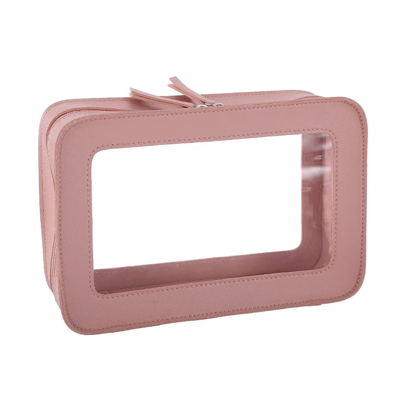 LUSQI Minimalist Transparent PVC Waterproof Cosmetic Leather Makeup Bag Travel Portable Toiletry Bag