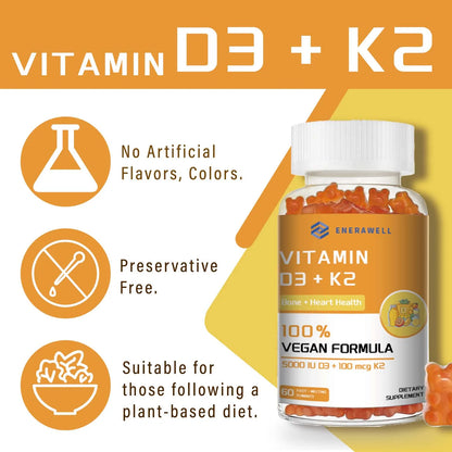 Vitamin D3 5000IU and 100 Mcg Vitamin K2 Gummies for Calcium Absorption, Bone Regeneration, Immune Support
