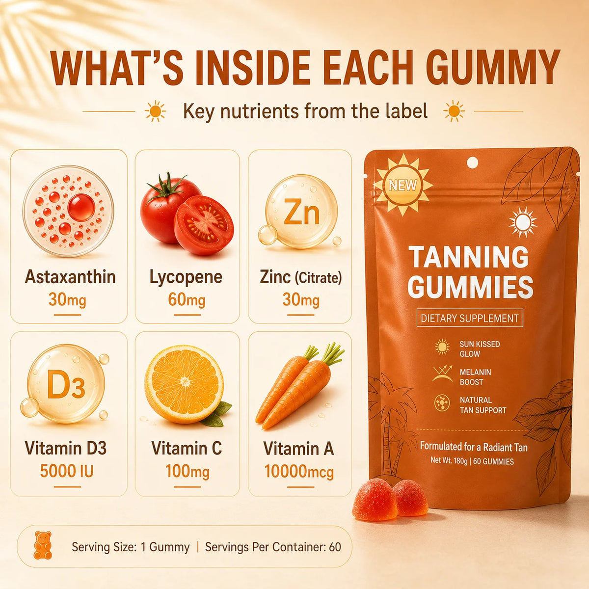 Tanning Gummies for Women, Sunless Bronzing Glow Support, Vegan Sugar-Free, Non-GMO, Astaxanthin & Lycopene, 60 Count