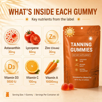 Tanning Gummies for Women, Sunless Bronzing Glow Support, Vegan Sugar-Free, Non-GMO, Astaxanthin & Lycopene, 60 Count