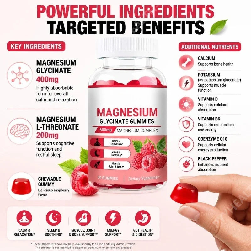 Magnesium Glycinate Gummies Vegan 600mg Magnesium Complex Chewable for Calm Relaxation and Sleep Soothing 60 Gummies
