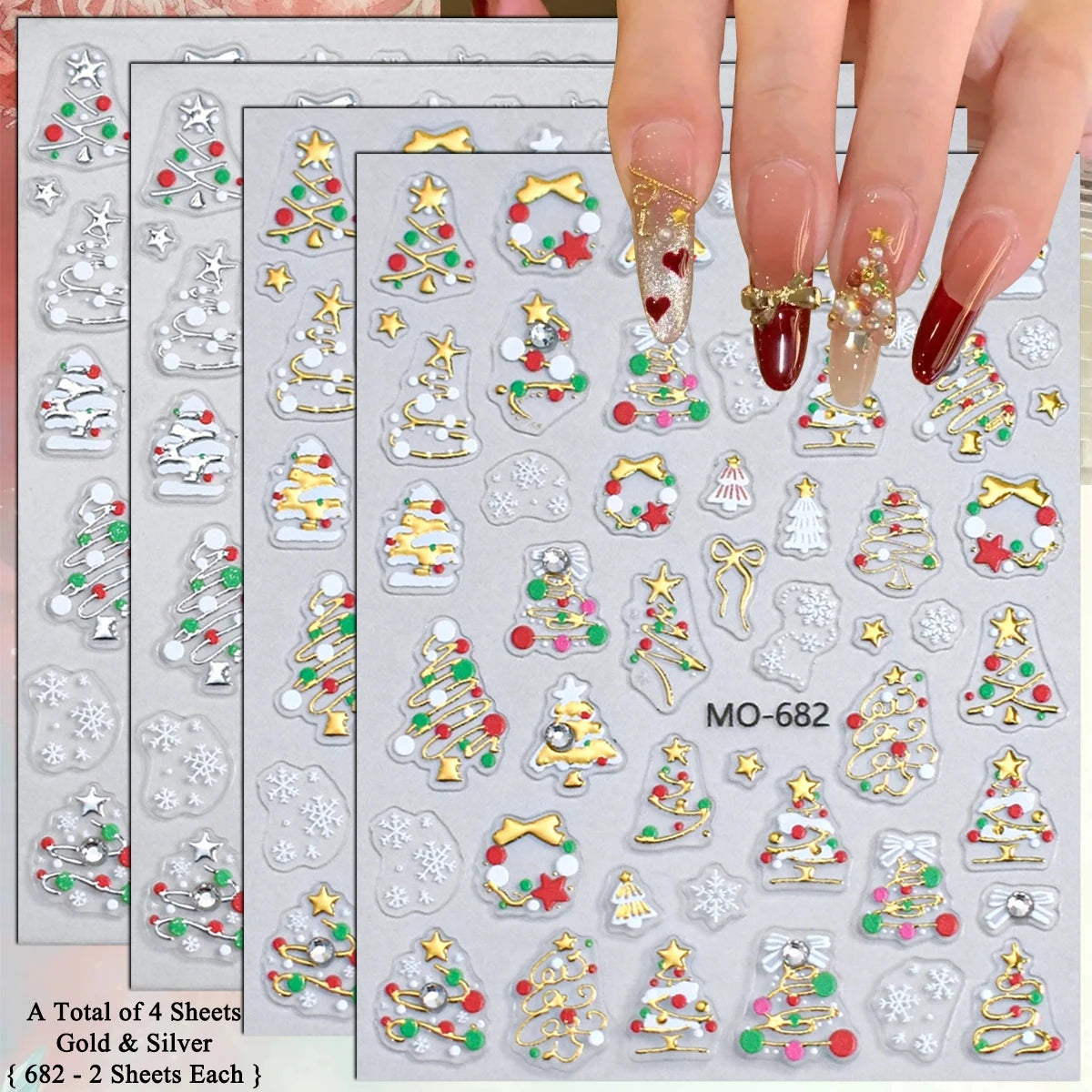 2 to 12 Sheets 5D Gold Silver Christmas Nail Decals Crystal Rhinestone Snowflake Xmas Tree Self Adhesive Nail Art Stickers