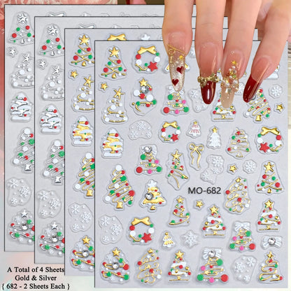 2 to 12 Sheets 5D Gold Silver Christmas Nail Decals Crystal Rhinestone Snowflake Xmas Tree Self Adhesive Nail Art Stickers