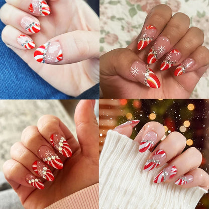 24pcs Red White French Line Christmas Sweet False Nails With Snowflake Rhinestone Starburst Design Pink Almond Press On Nails
