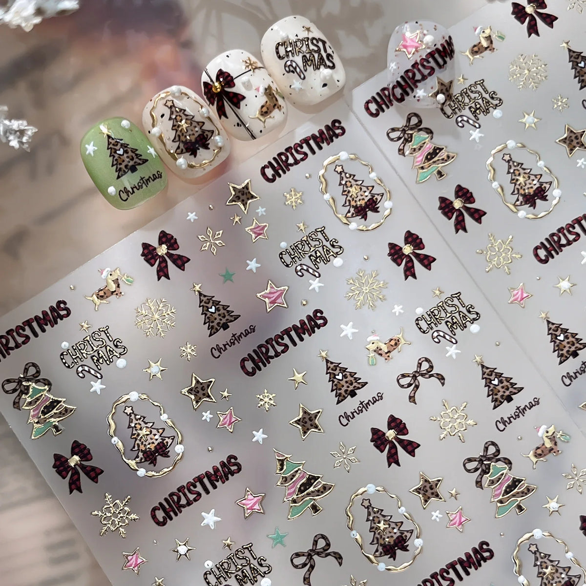 Leopard Print Christmas Tree Nail Art Stickers Golden Lines Butterfly Knots Stars Snowflakes Letters Nail Decoration Sticker DIY