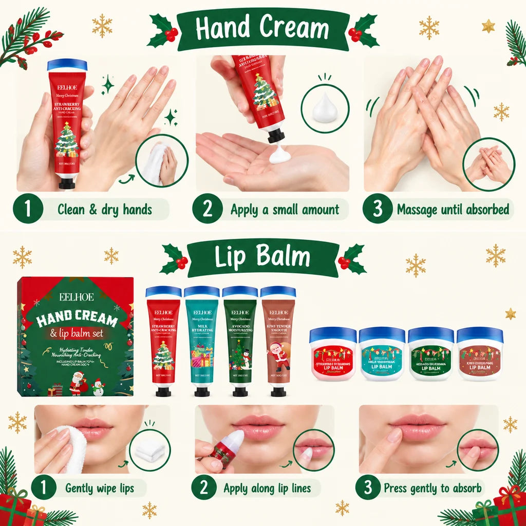 Christmas 8 Pcs Hand Cream and Lip Balm Gift Set Fruit Scented Moisturizing Nourishing Skincare for Women Travel Size 8 Pieces