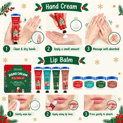 Christmas 8 Pcs Hand Cream and Lip Balm Gift Set Fruit Scented Moisturizing Nourishing Skincare for Women Travel Size 8 Pieces