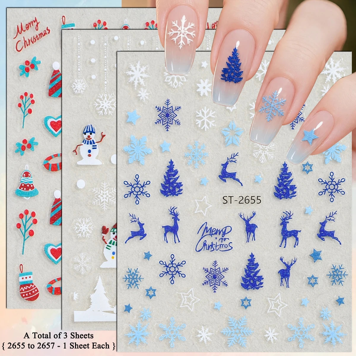 3 to 12 Sheets 3D Christmas Santa Snowman Reindeer Tree Snowflake Lights Gnome Self-Adhesive Nail Art Stickers