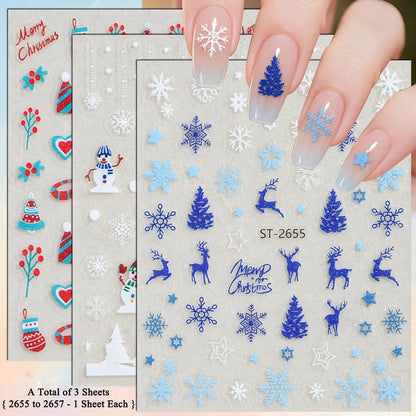 3 to 12 Sheets 3D Christmas Santa Snowman Reindeer Tree Snowflake Lights Gnome Self-Adhesive Nail Art Stickers