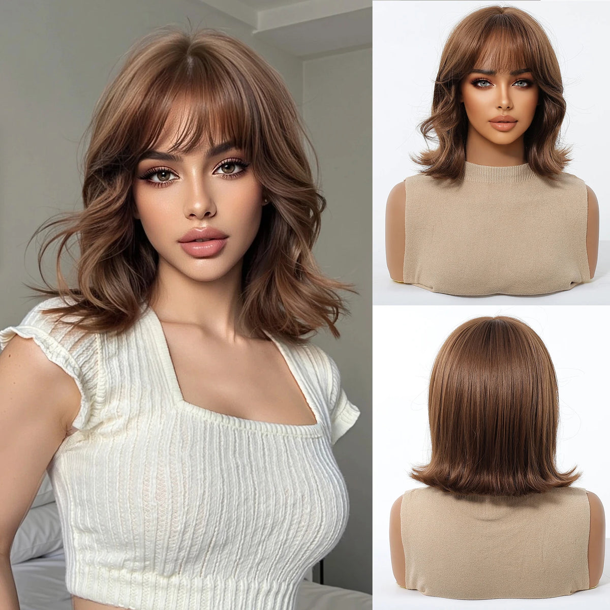 Short Light Pink Wave Synthetic Wigs with Bangs Rose Gold Lolita Natural Hair Wigs for Women Cosplay Daily Party Heat Resistant