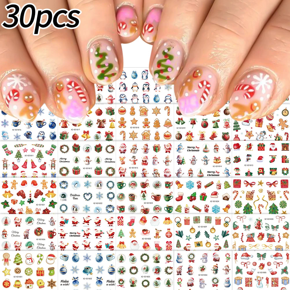 30pcs Cartoon Christmas Mini Nail Stickers Set Snowman, Snowflake, Penguin, Candy Adhesive Nail Decals Winter Manicure Sliders