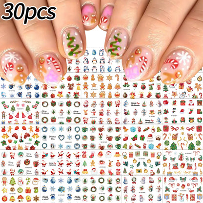 30pcs Cartoon Christmas Mini Nail Stickers Set Snowman, Snowflake, Penguin, Candy Adhesive Nail Decals Winter Manicure Sliders