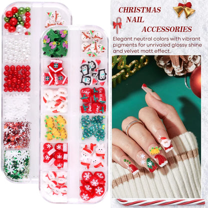 Christmas Theme Nail Art 3D Resin Decor Set, Santa Claus, Colorful Penguins, Snowman, Christmas Tree, Gloves, Bow, Star, 3D Nail