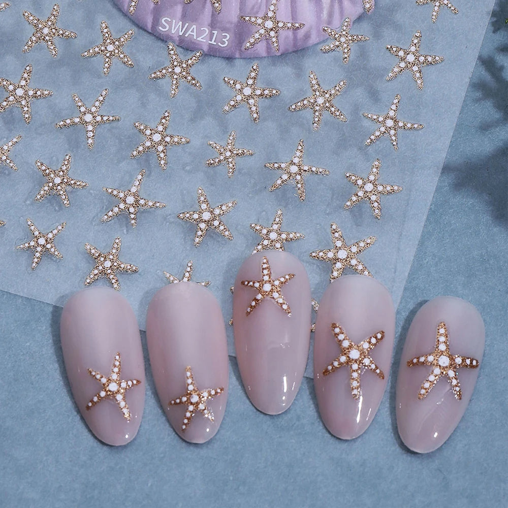 2pcs Summer Sea Star Nail Art Stickers Gold Silver Glitter Shell Starfish Nail Decals for DIY Manicure Soap Nail Decorations