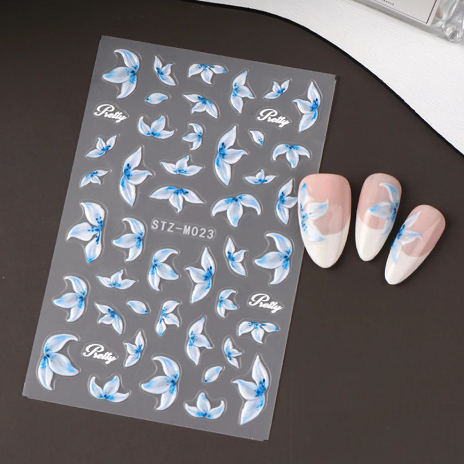 2pcs Hibiscus Flower Nail Art Stickers Blue & White Flowers Charm of Spring Summer Self-Adhesive DIY Decals Manicure Decoration