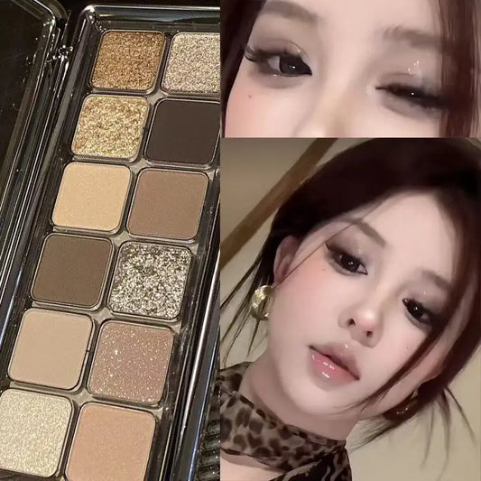 12 Colors Mud Eyeshadow Palette Neutral Brown Shimmer Glitter Matte Finishes High-Pigment Blendable Makeup Kit for Party Fest