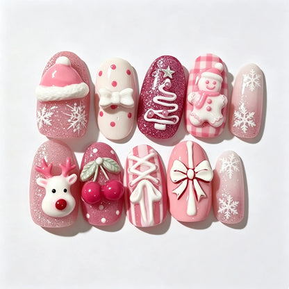24Pcs Christmas Tree Pattern Pink Full Cover Fake Nails Artificial Almond Reindeer Gift Nail Set Press on Detachable False Nail
