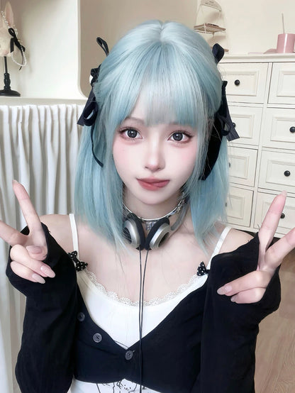 16Inch Lolita Ice Blue Synthetic Lolita Wig With Bang Medium Natural Straight Hair Wigs for Women Daily Cosplay Heat Resistant