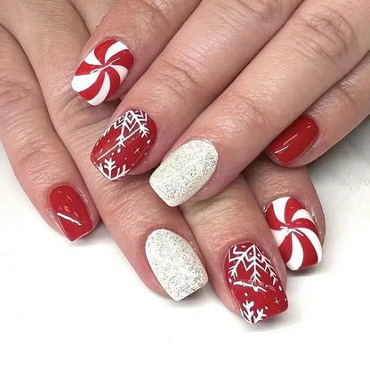 24Pcs Short Oval Press-On Nails - Cute Gingerbread & Candy Cane Christmas Designs, Perfect for Holiday Parties for Women&Girls