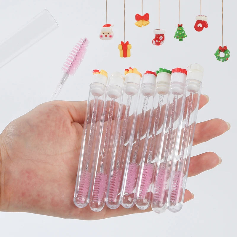 10Pcs Christmas Eyelash Brushes Set Santa Mascara Wand with Case Spoolie Eyebrow Comb Festive Makeup Tool Xmas Gift for Women