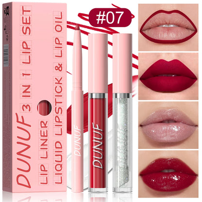 Matte Lip Liner Lip Gloss Lip Oil Set, 3-in-1 Waterproof Non-sticky Long-Lasting Lipstick, Nude Deep Red Mauve, Christmas Makeup