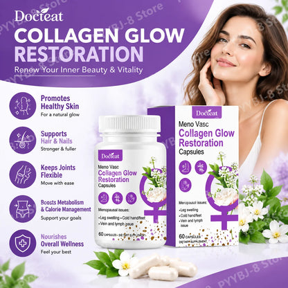 Collagen Glow Restoration Capsules, Boost Metabolism & Support Calorie Balance, Collagen Complex Hyaluronic Acid Magnesium 60Ct