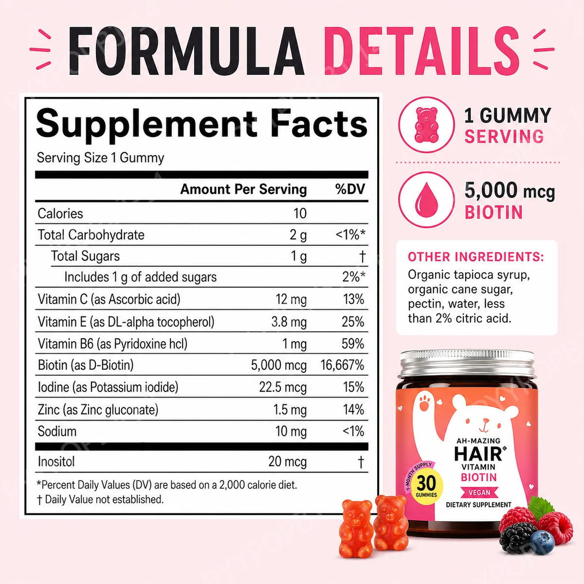 Biotin Gummies 5000 Mcg Hair Skin Nails Support Vegan Beauty Vitamins 30 Gummies Daily Wellness Supplement