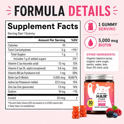 Biotin Gummies 5000 Mcg Hair Skin Nails Support Vegan Beauty Vitamins 30 Gummies Daily Wellness Supplement