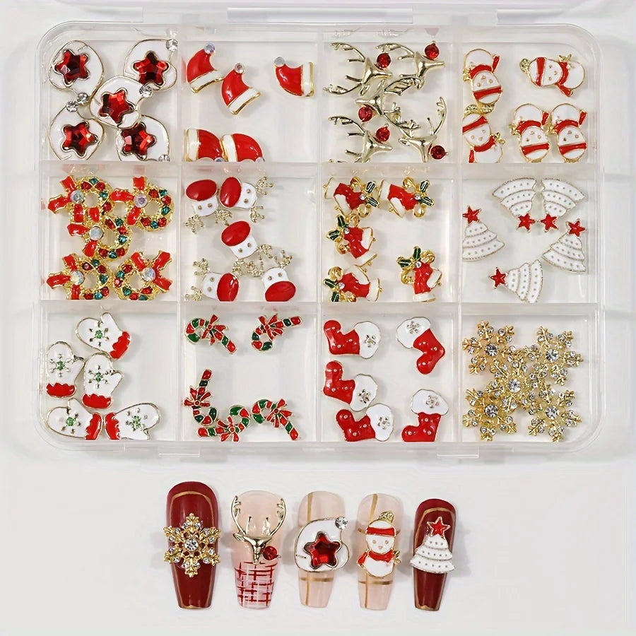 12 Grids Christmas Alloy Nail Charms Mixed Santa Hat Reindeer Snowflake Candy Cane 3D Rhinestone Enamel Ornaments Holiday DIY Nail Decor