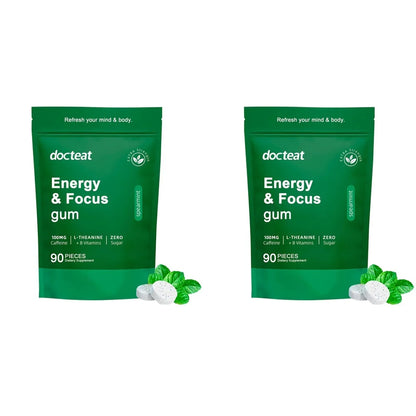Energy & Focus Gum Extra Chewable Tablets with Natural Caffeine, L-Theanine, Vitamin B6 and B12, Sugar Free, 90 Pieces